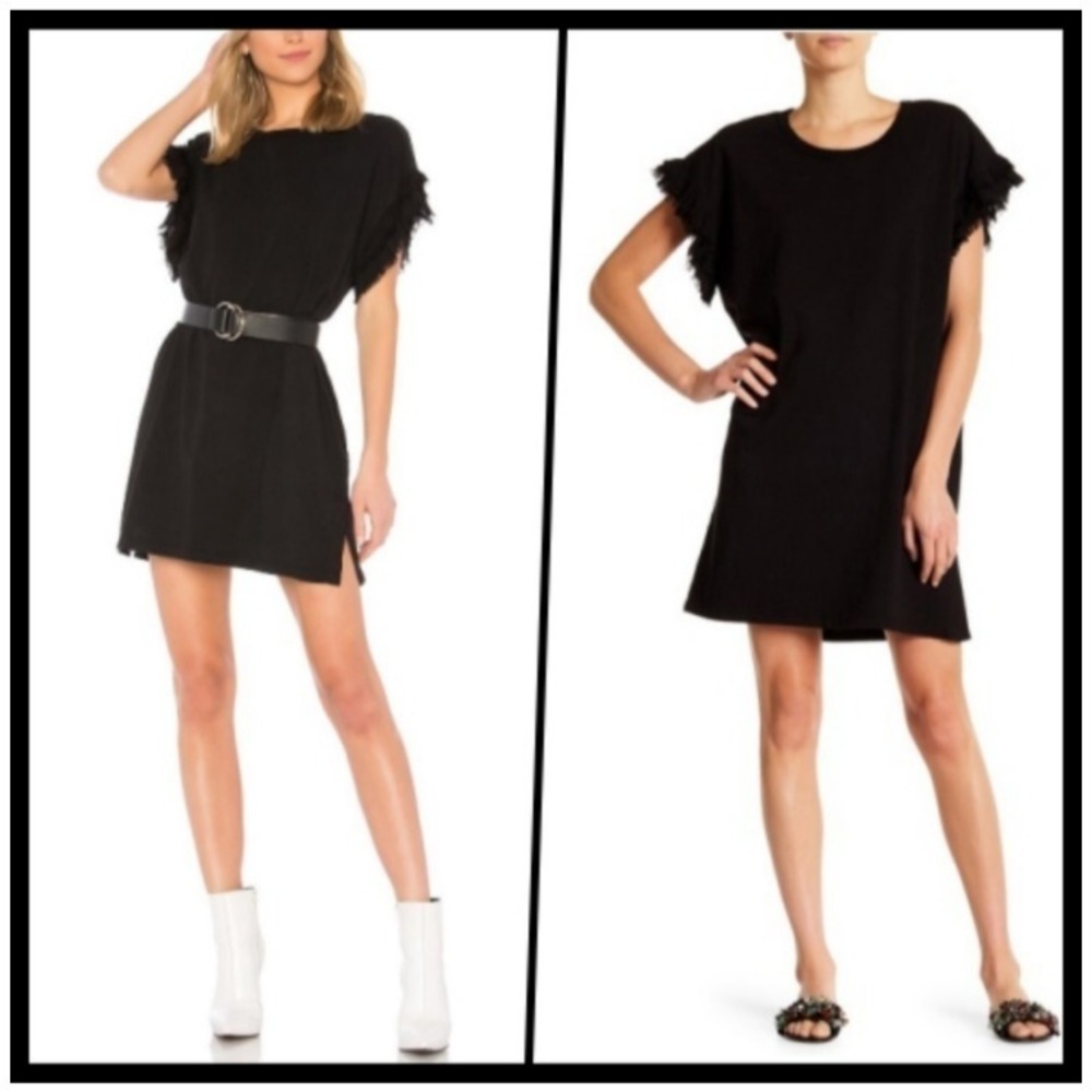 Current/ Elliot The Recrafted Ruffle Mini Shift Dress Black Cotton Boat Neck 3/L